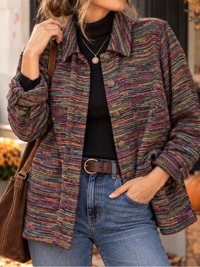 CJ Banks Women’s X Multicolor Woven Tapestry Jacket Button Front Boho Artsy
